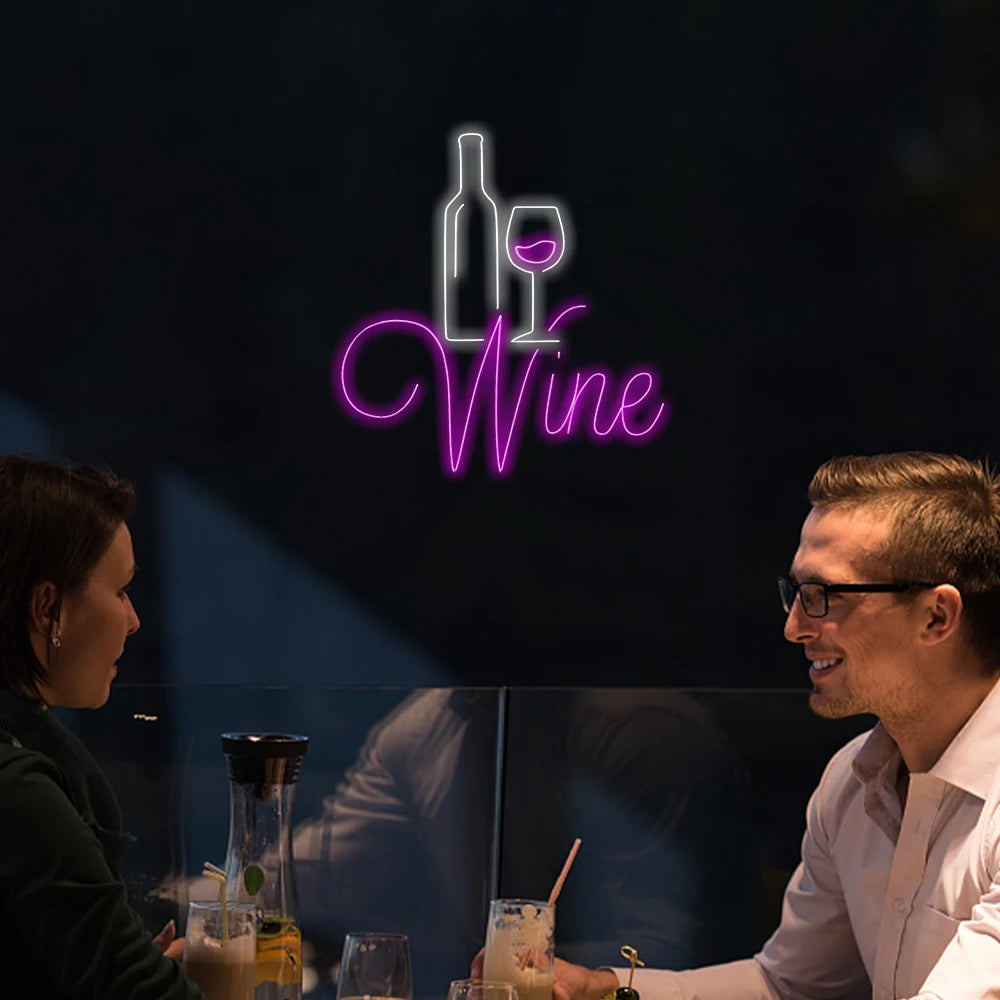Wine – Vinflaska och glas med rödvinstema – LED-ljusskylt (5 V USB)