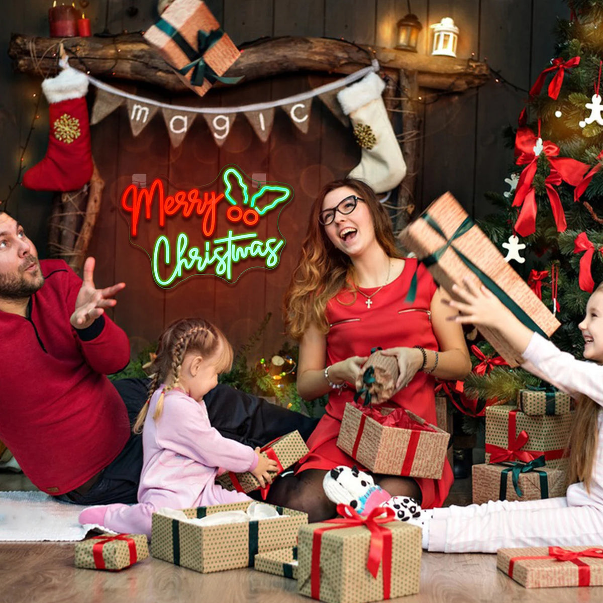 Merry Christmas – Julblad vid sidan – LED-neonskylt (5 V USB)