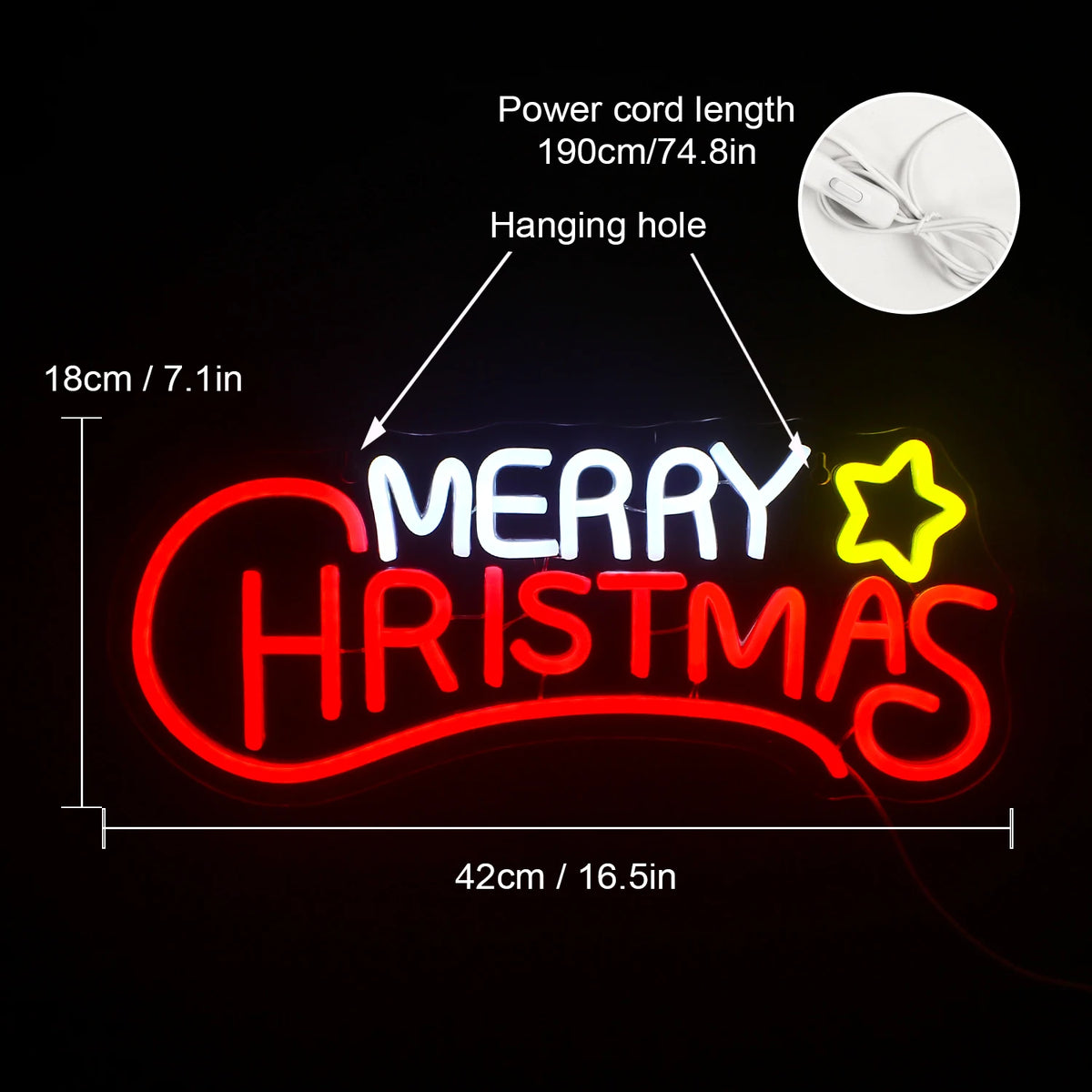 Merry Christmas – Stjärna – LED-neonskylt (5 V USB)