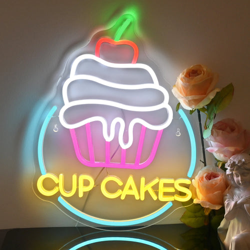 Bilden visar en levande LED-neonskylt i form av en cupcake.