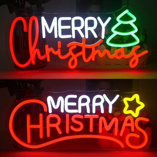 The image shows a vibrant "Merry Christmas" LED neon sign mounted against a plain wall.