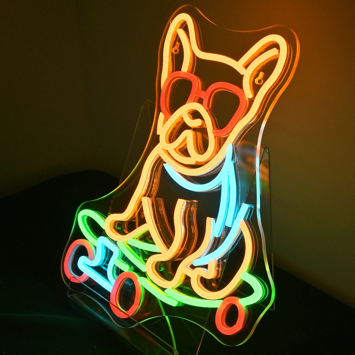 Hund på skateboard – LED-neonskylt (5 V USB)