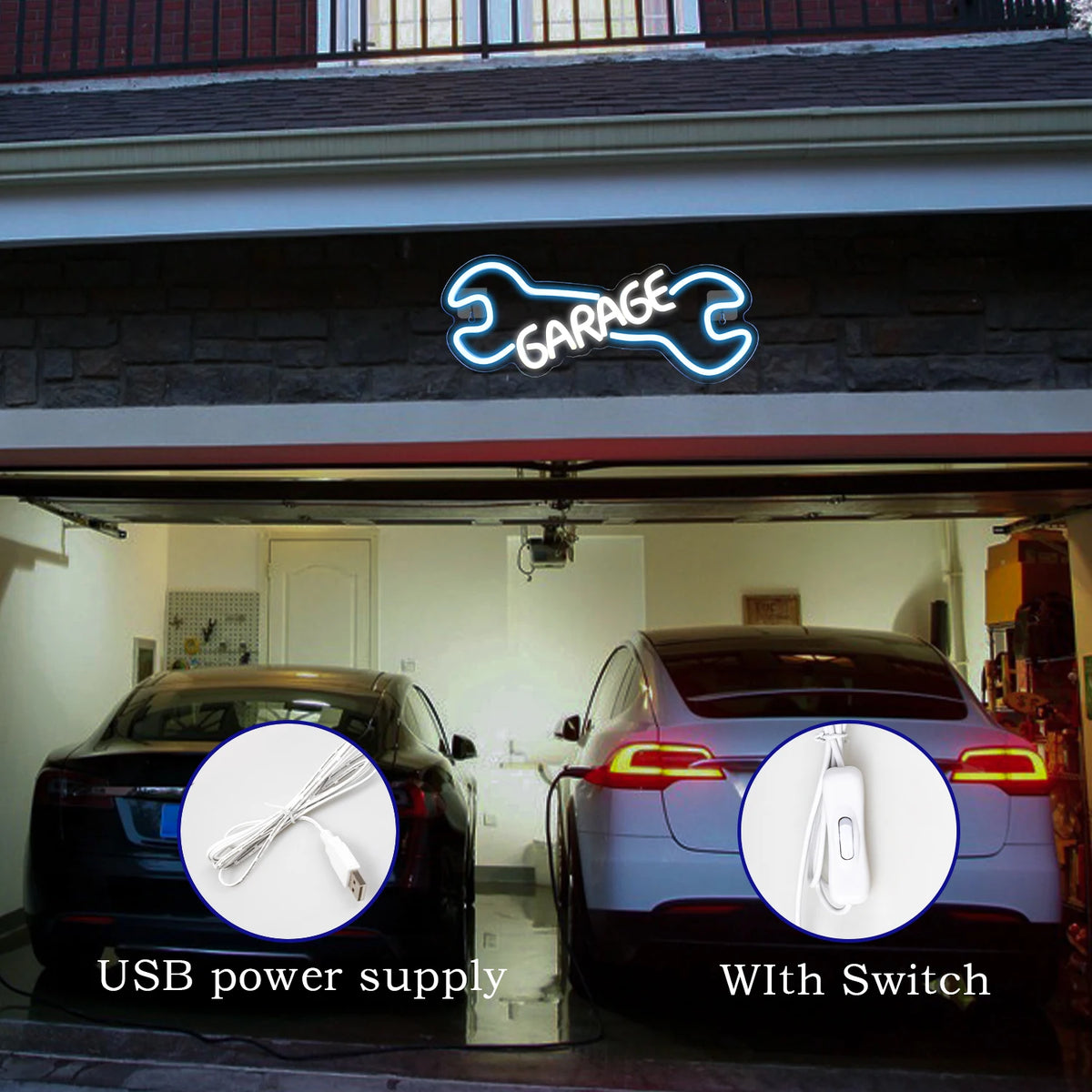 GARAGE – Skiftnyckel – LED-neonskylt (5 V USB)