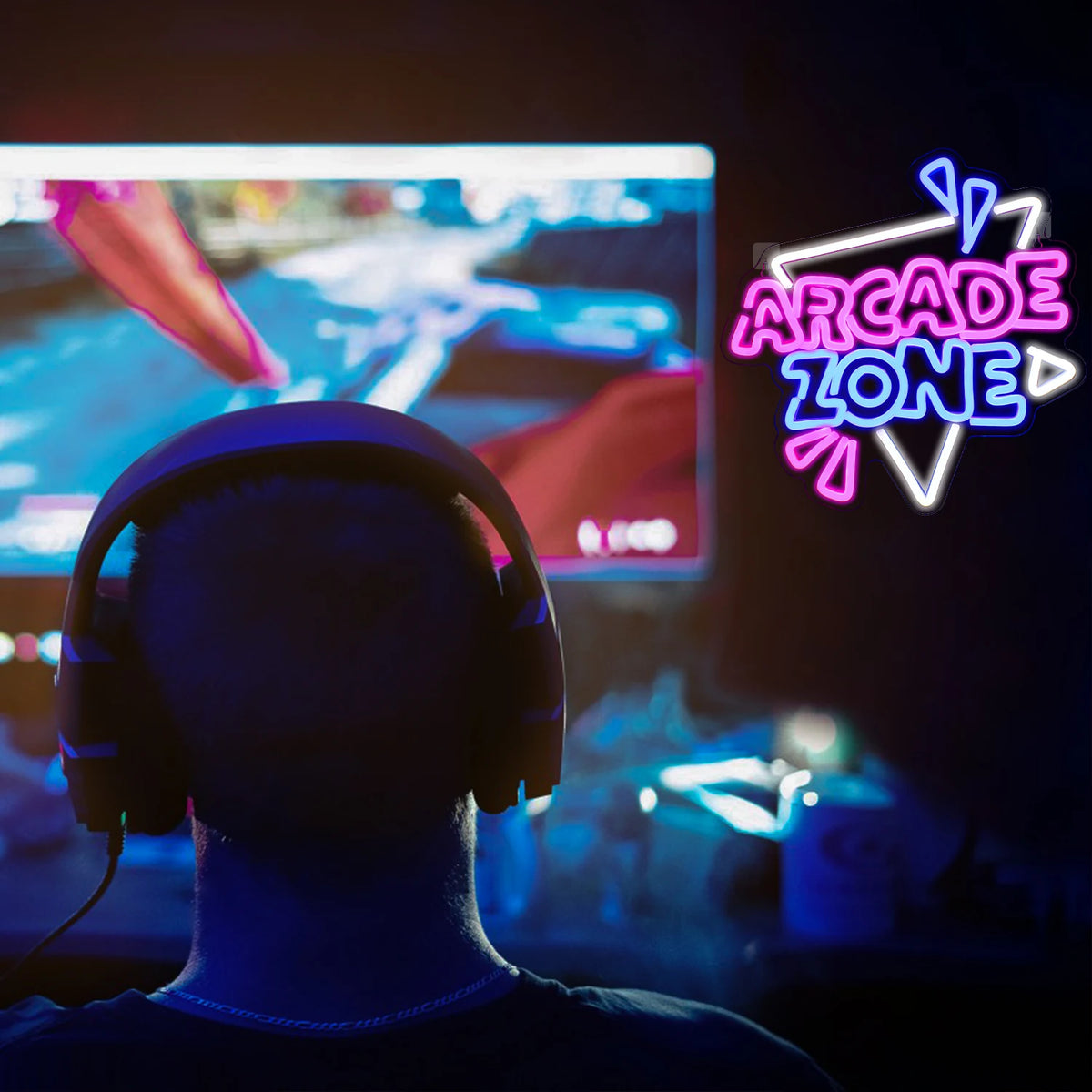 Arcade Zone – Triangelformad ram och strålar – LED-neonskylt (5 V USB)