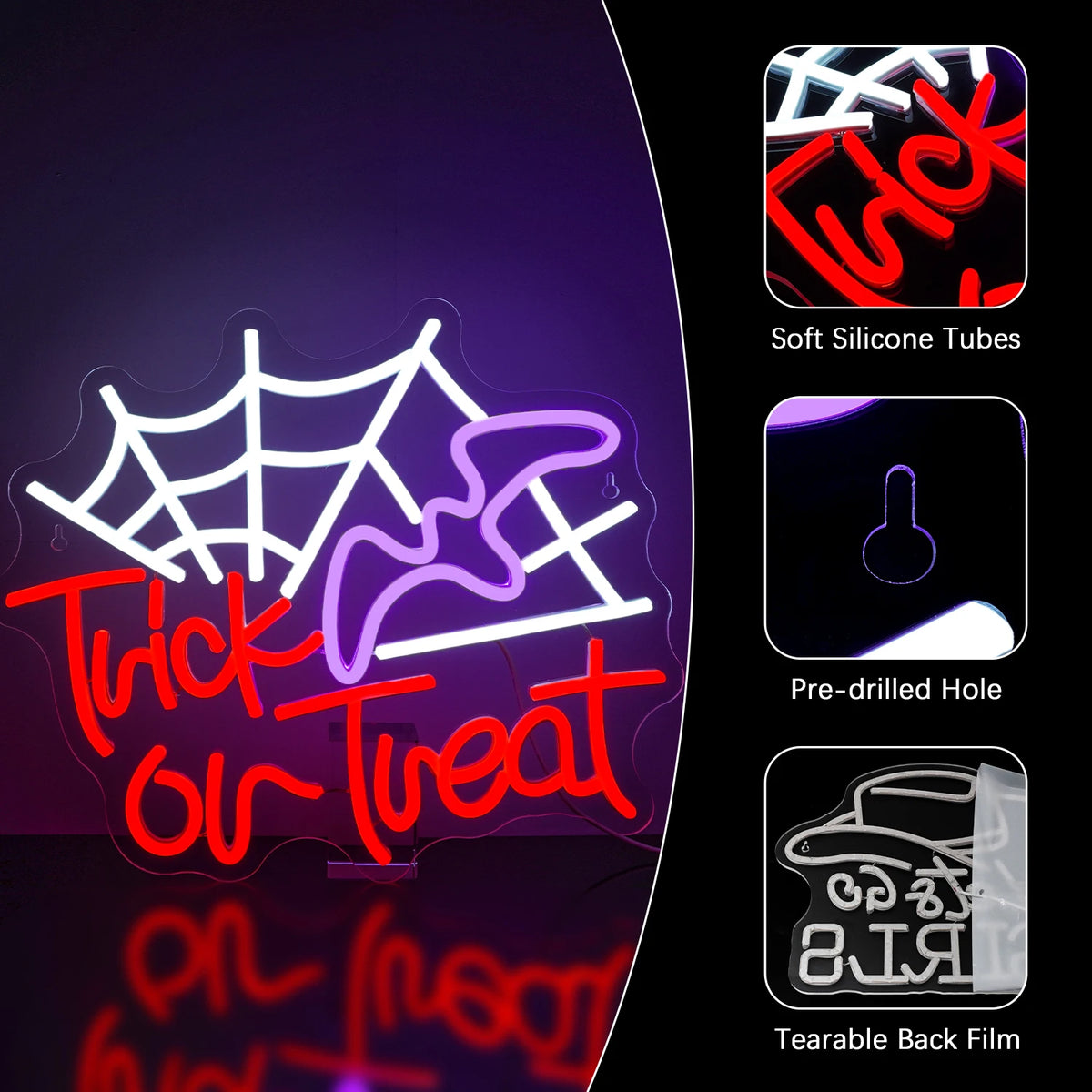 Trick or Treat – Spindelnät och häxhatt – LED-neonskylt (5 V USB)