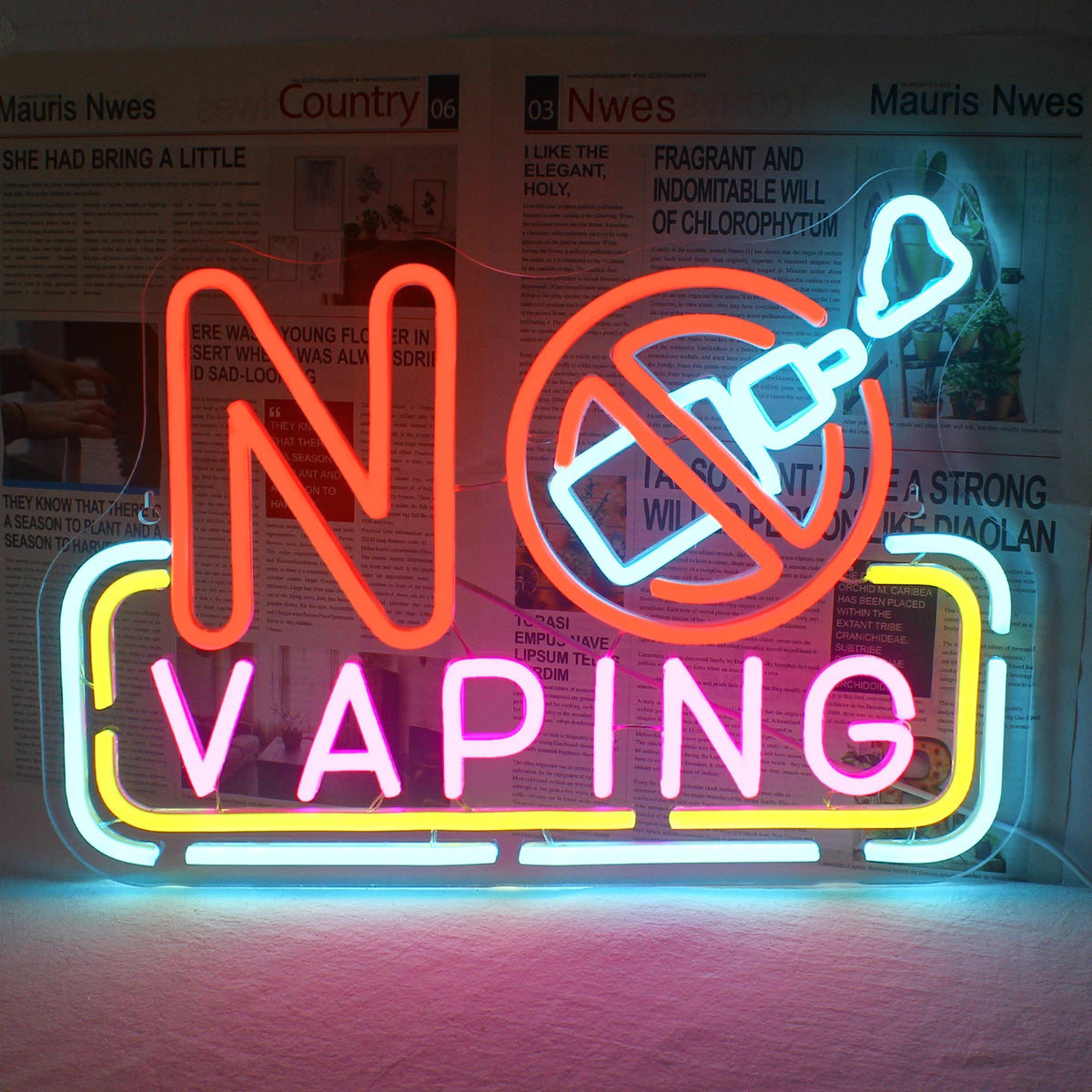 Bilden visar en levande, handgjord LED-neonskylt med texten "No Vaping.
