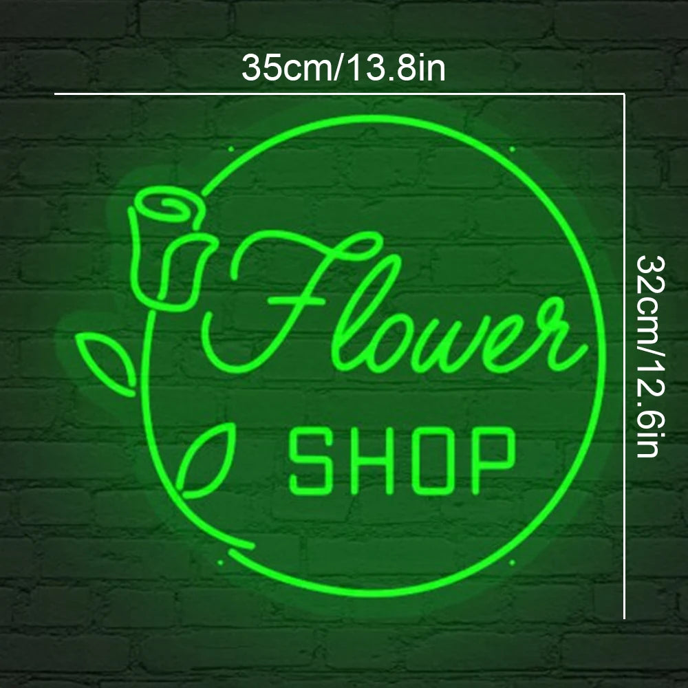 Flower SHOP – Ros och rund ram – LED-neonskylt (5 V USB)
