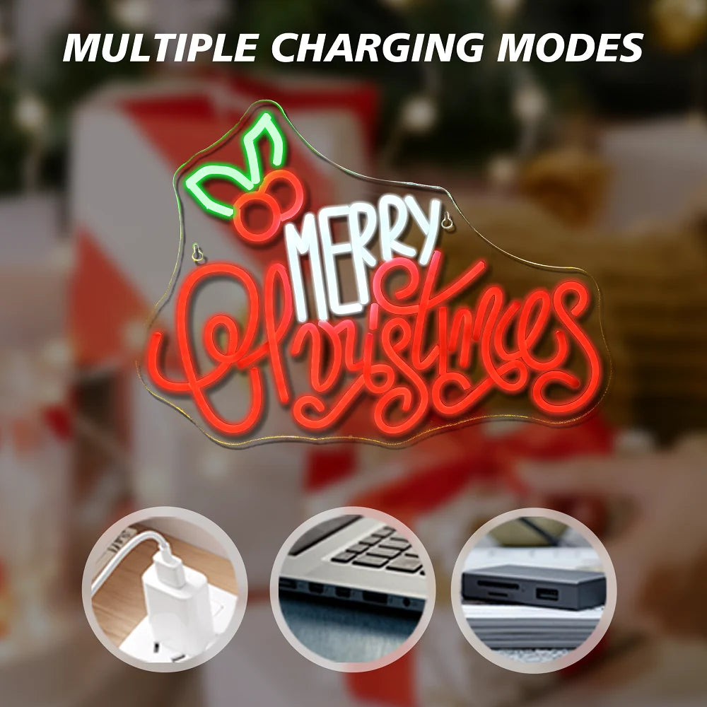 Merry Christmas – Julblad ovanför texten – LED-neonskylt (5 V USB)
