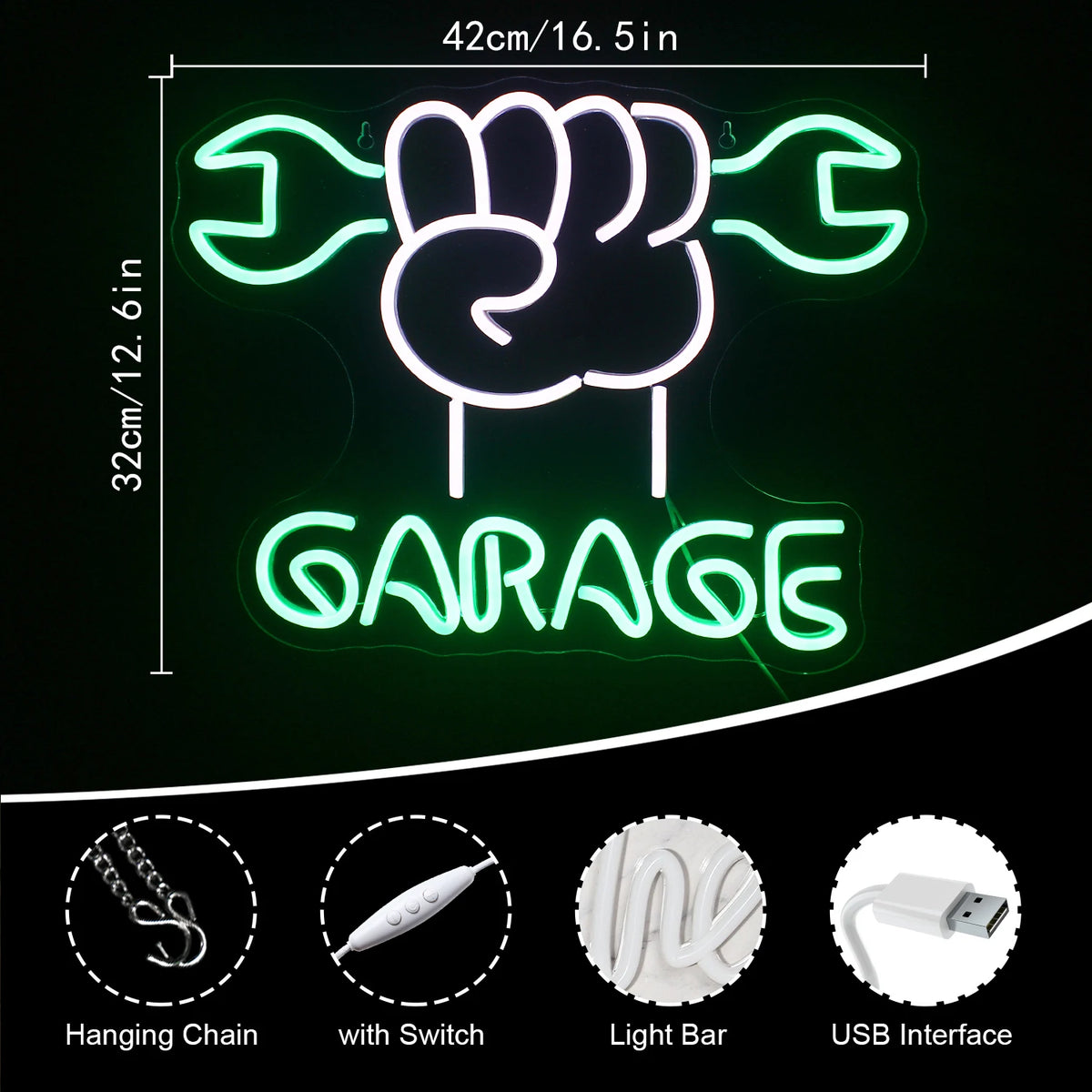 GARAGE – Hand som håller en skiftnyckel – LED-neonskylt (5 V USB)