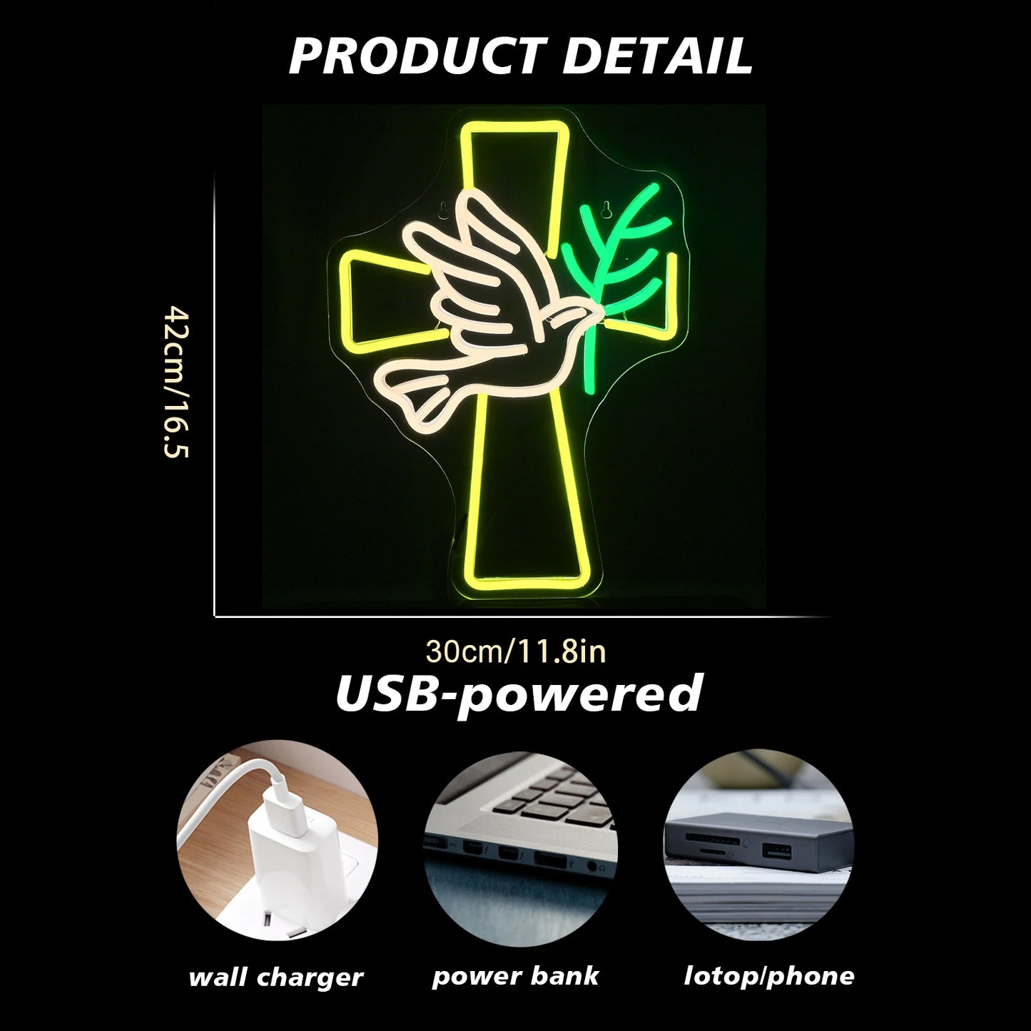 Cross and Dove of Peace 5V USB LED Neon Sign - Budget Friendly