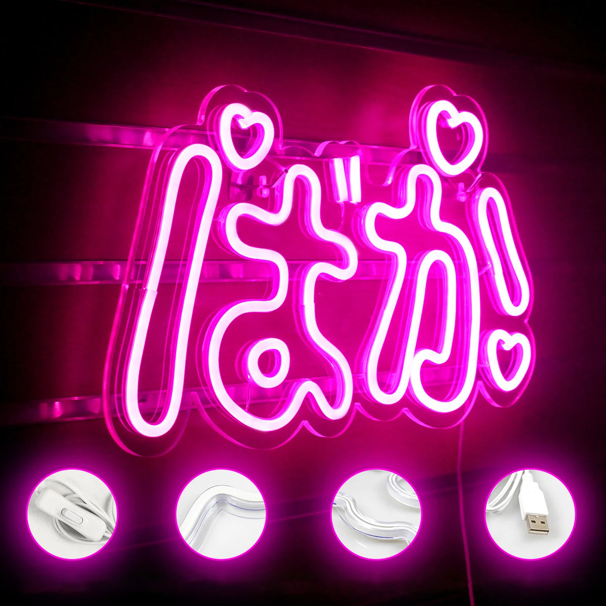 Baka (ばか) – Japansk animebokstavsstil med hjärtan – LED-neonskylt (5 V USB)