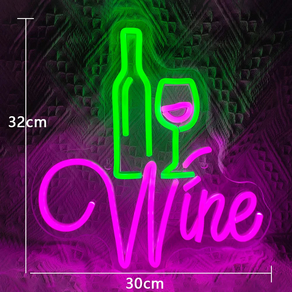 Wine – Vinflaska och glas med rödvinstema – LED-ljusskylt (5 V USB)