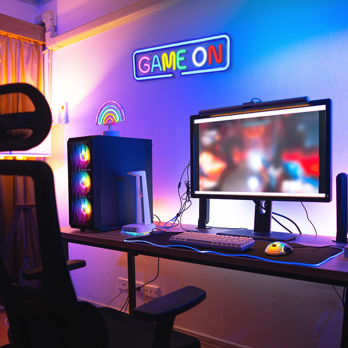 GAME ON – Färgglada bokstäver och rundad rektangulär ram – LED-neonskylt (5 V USB)