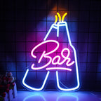 En upplyst LED neonskylt formad som ordet "Bar" i ett stilrent, kursivt typsnitt.