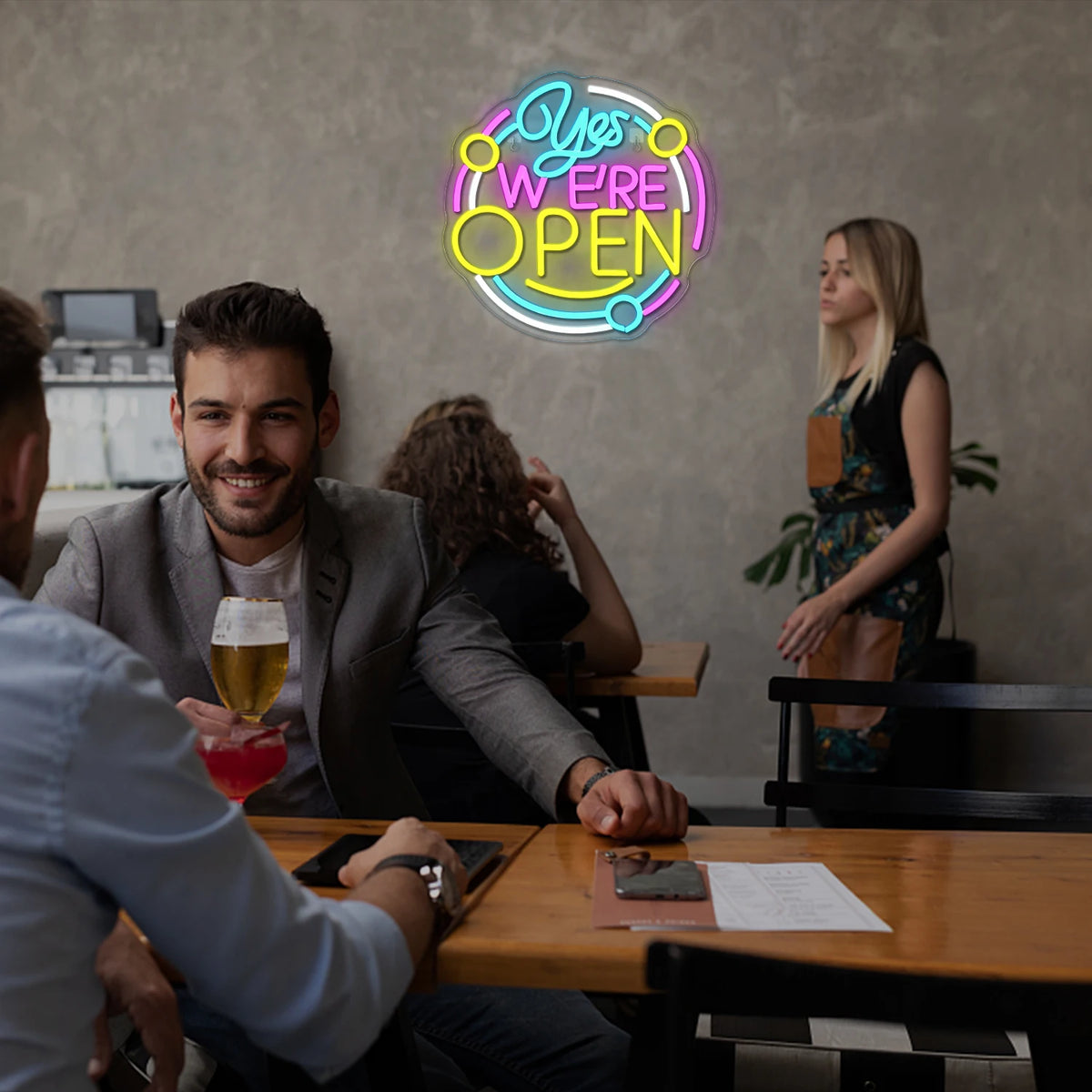 Yes We're Open – Rund ram – LED-ljusskylt (5 V USB)