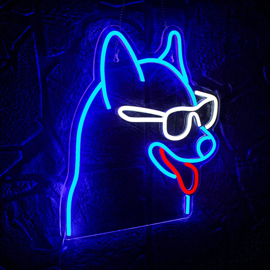 A vibrant LED neon sign shaped like a dog's silhouette.