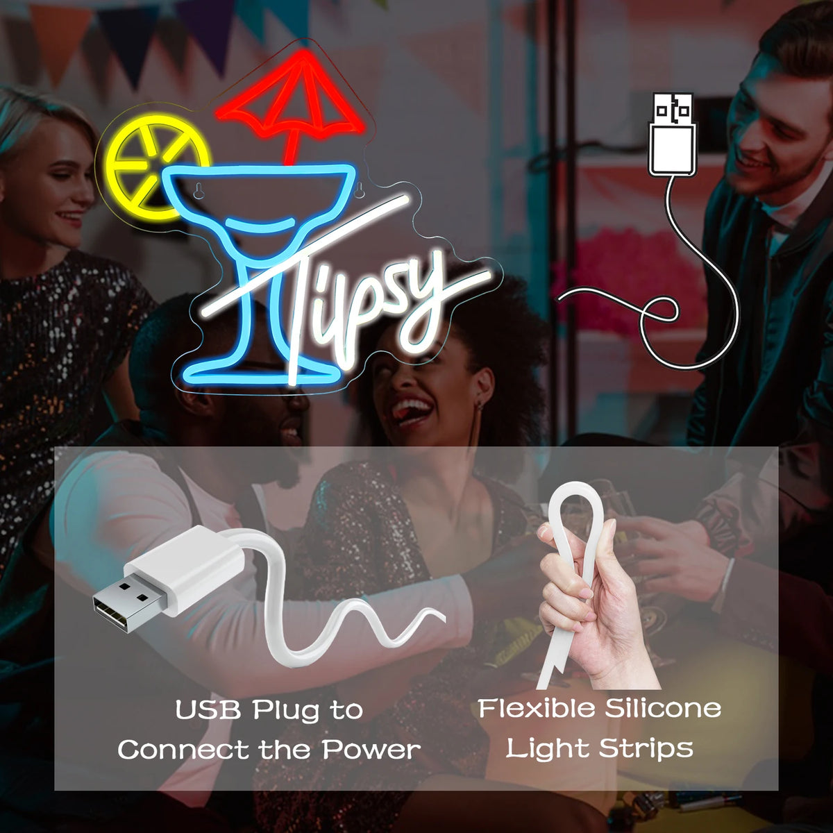 Tipsy – Cocktailglas med paraply och citrusskiva – LED-ljusskylt (5 V USB)