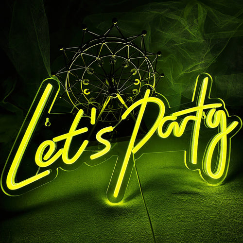 Bilden visar en livlig "Let's Party" LED neonskylt.