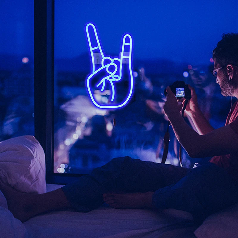Rocktecken med handen – LED-neonskylt (5 V USB)