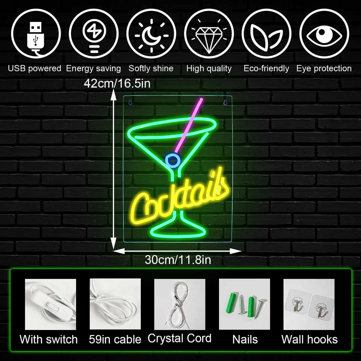 Cocktails – Grönt cocktailglas – LED-ljusskylt (5 V USB)