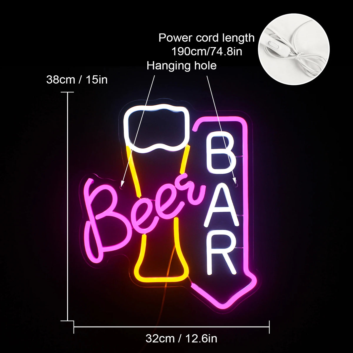 Beer BAR – Ölglas och nedåtpil – LED-ljusskylt (5 V USB)