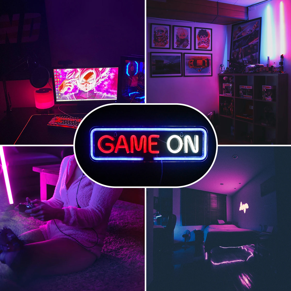 GAME ON – Rundad rektangulär ram – LED-neonskylt (5 V USB)