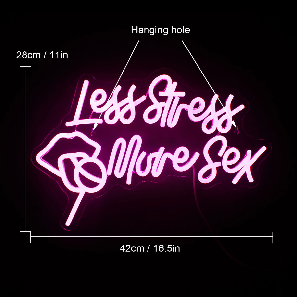 Less Stress More Sex – Läppar och klubba – LED-neonskylt (5 V USB)