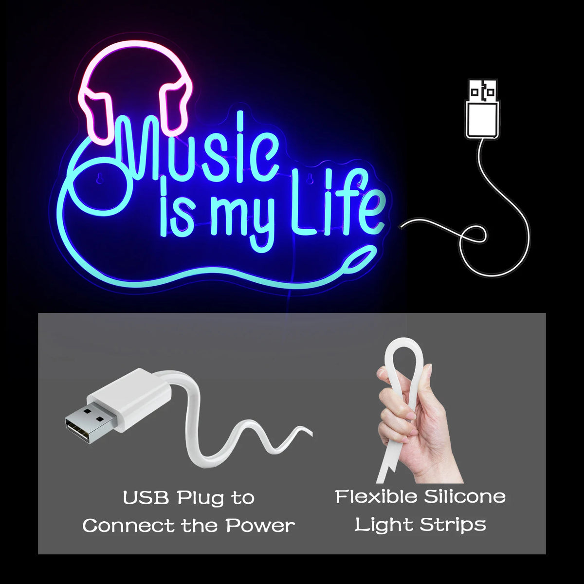 Music is my Life – Hörlurar – LED-neonskylt (5 V USB)