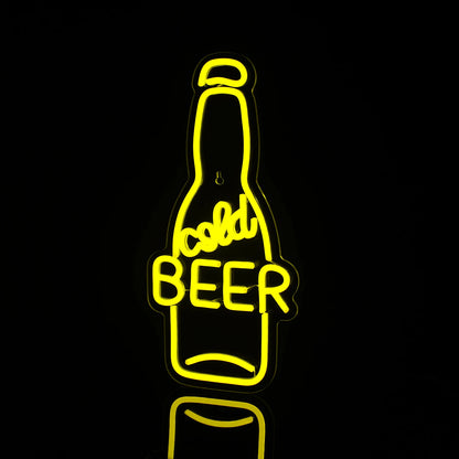 The image showcases a vibrant LED neon sign in the shape of a beer mug.