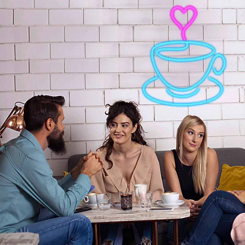 Kaffekopp och hjärta – LED-ljusskylt (5 V USB)