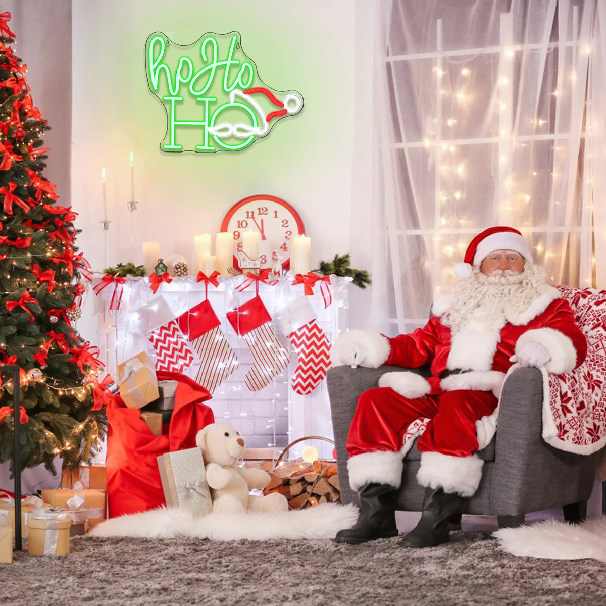 Ho Ho Ho – Jultomtens ansikte och mössa – LED-neonskylt (5 V USB)
