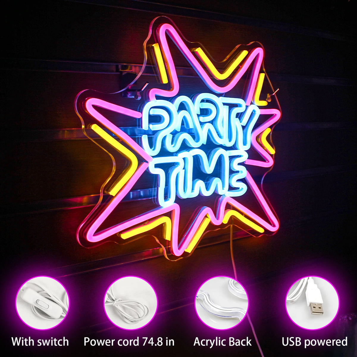 Party Time – LED-neonskylt (5 V USB)
