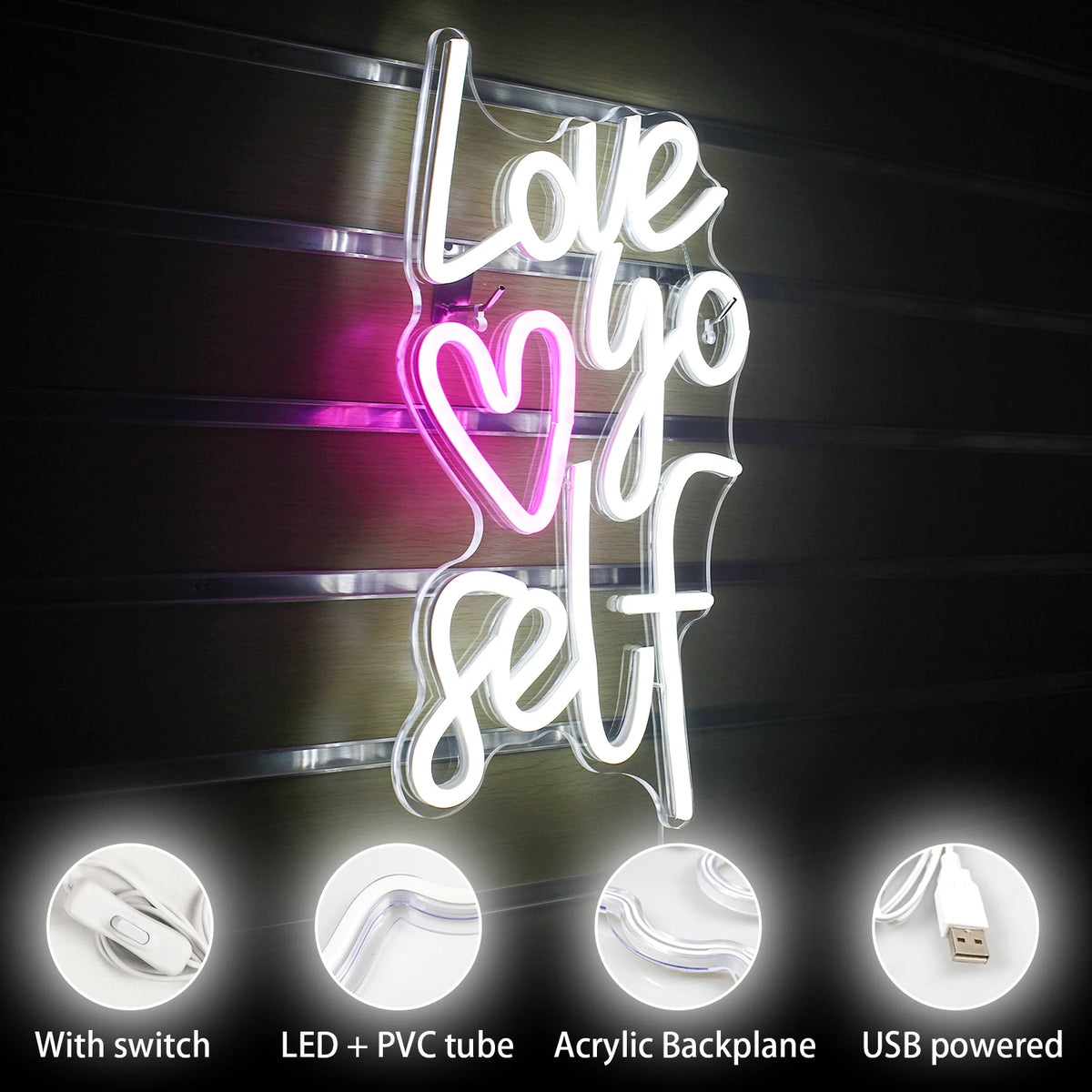 Love yo self – Hjärta – LED-neonskylt (5 V USB)