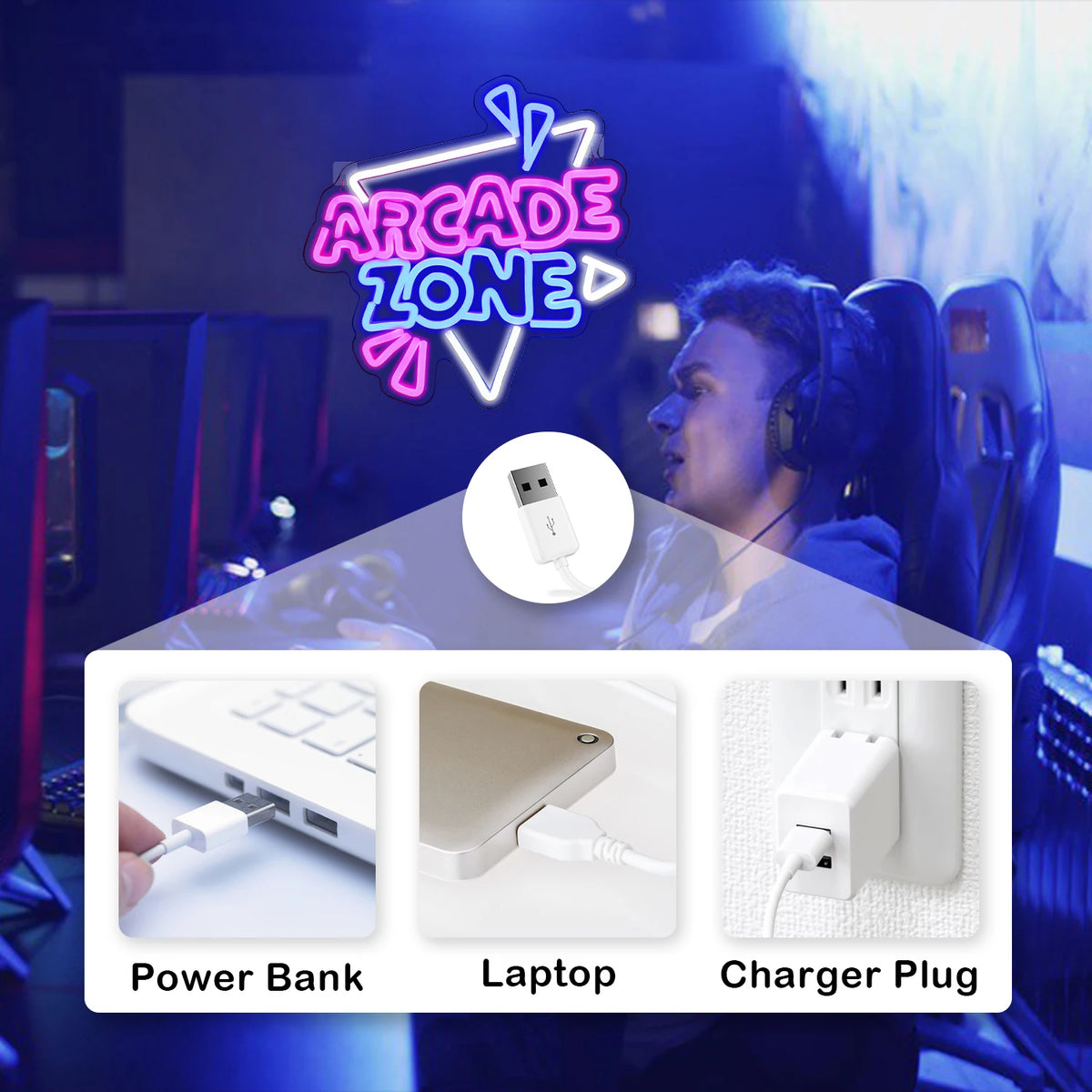 Arcade Zone – Triangelformad ram och strålar – LED-neonskylt (5 V USB)