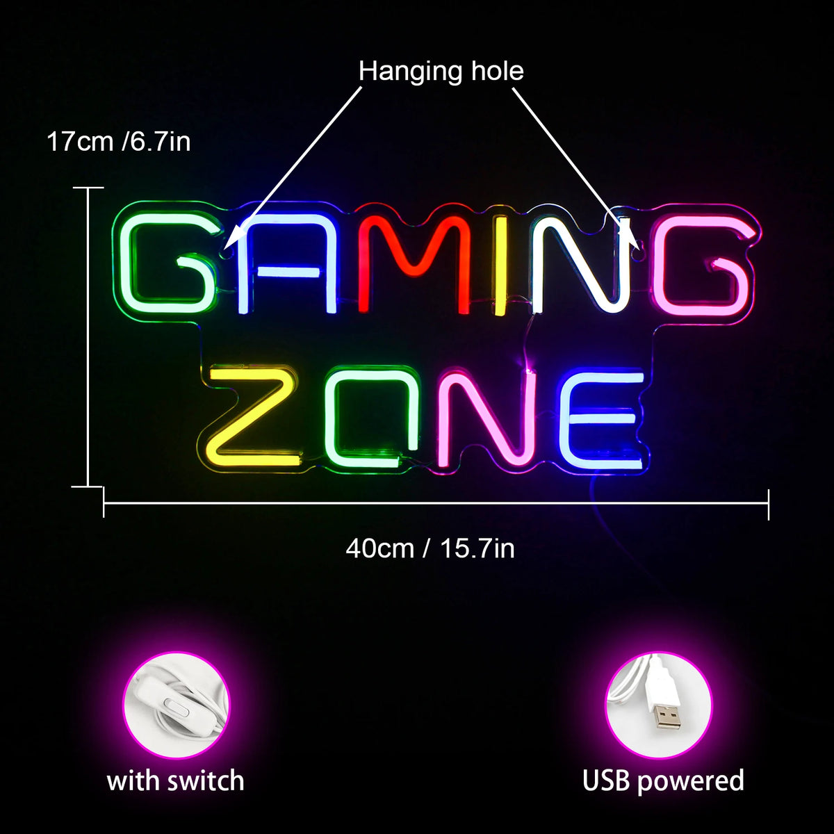 GAMING ZONE – Färgglada bokstäver – LED-neonskylt (5 V USB)