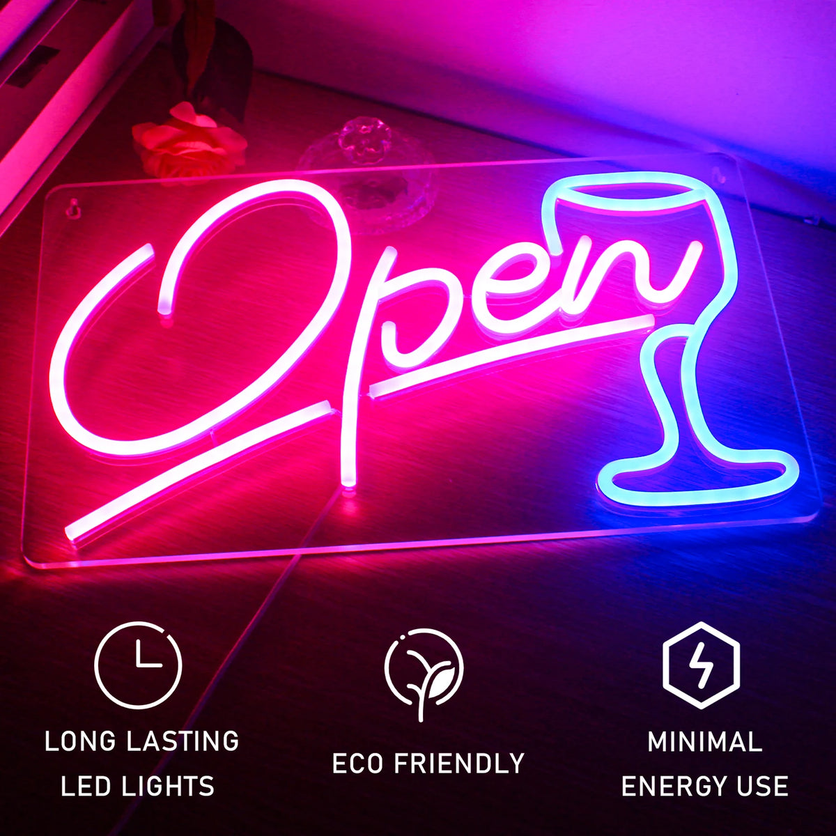 Open – Vinglas – LED-ljusskylt (5 V USB)