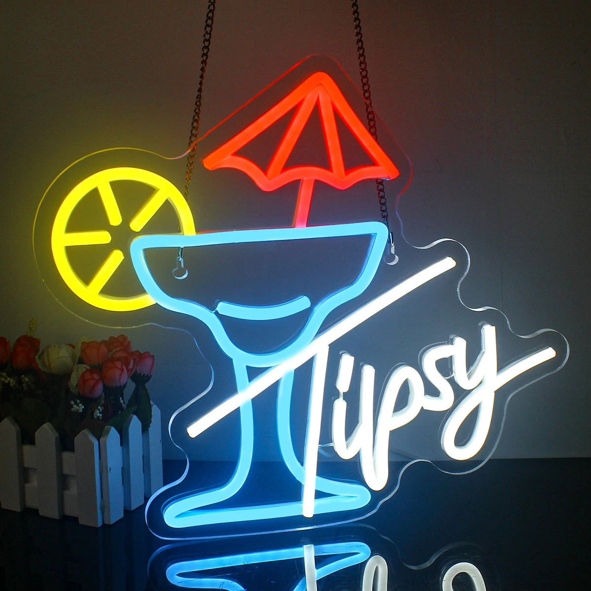 Tipsy – Cocktailglas med paraply och citrusskiva – LED-ljusskylt (5 V USB)