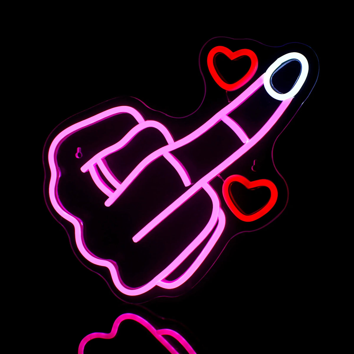 Bilden har en levande LED-neonskylt som visar en stiliserad gest, troligen en handsymbol.