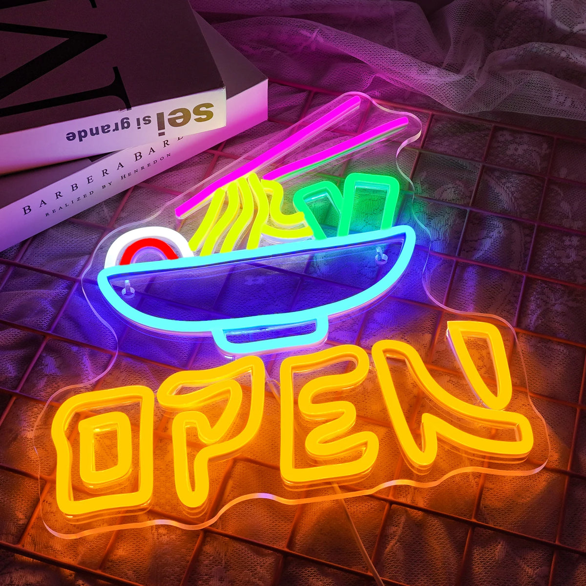 OPEN – Ramenskål och ätpinnar – LED-ljusskylt (5 V USB)