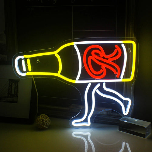 "Bild av en livfull LED Neonskylt för öl som lyser i ljusa gula och vita färger.
