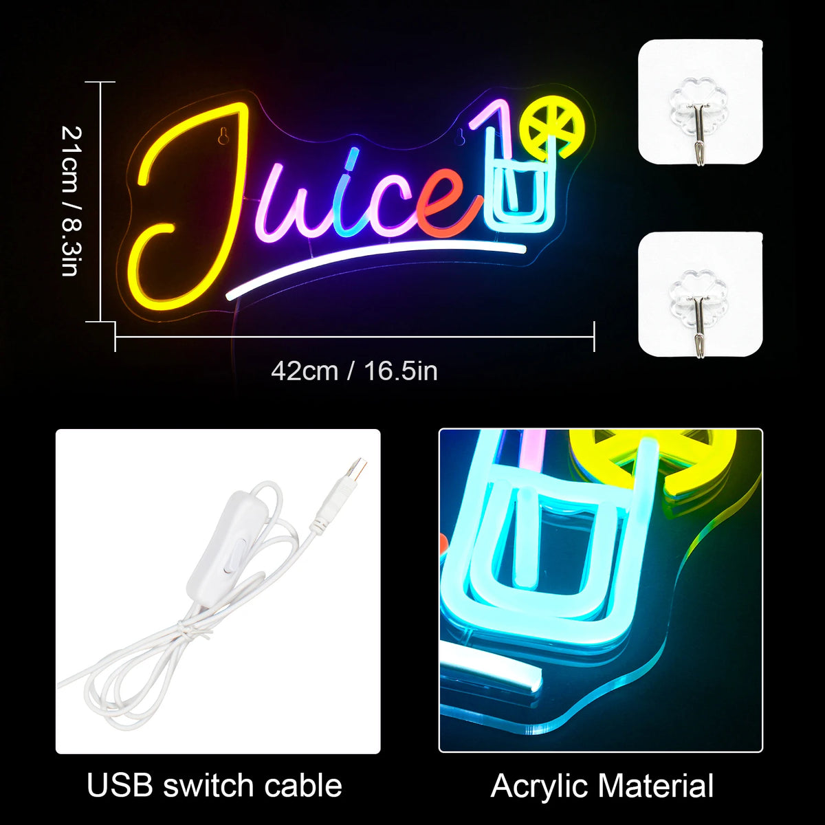 Juice – Juiceglas och citrusskiva – LED-ljusskylt (5 V USB)