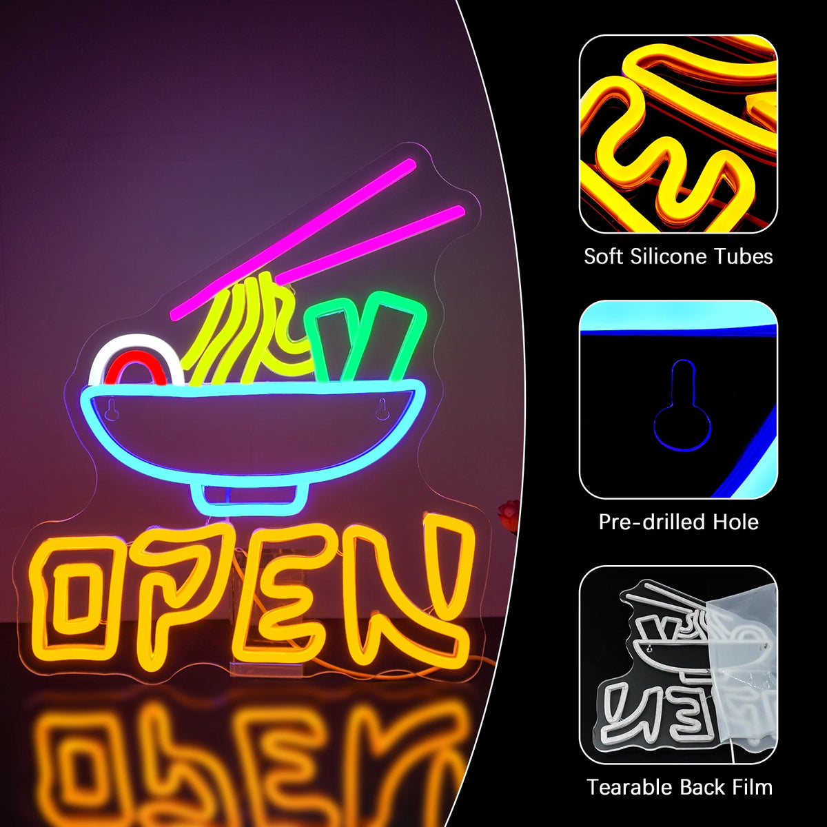 OPEN – Ramenskål och ätpinnar – LED-ljusskylt (5 V USB)