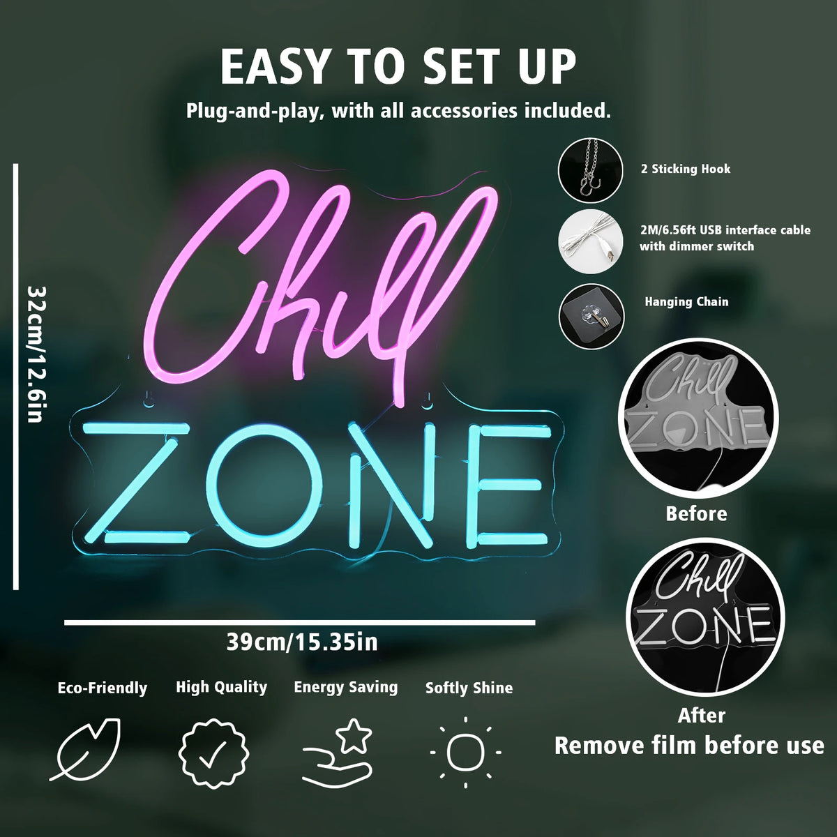 Chill Zone – LED-neonskylt (5 V USB)