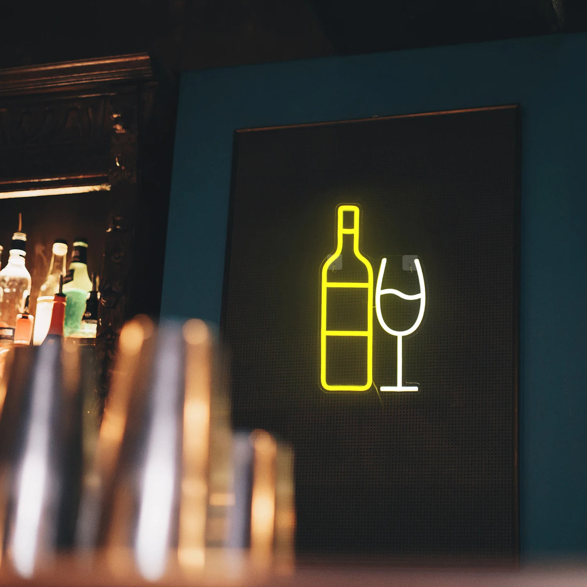 Vinflaska och glas – LED-ljusskylt (5 V USB)
