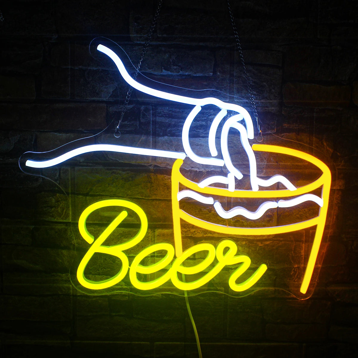 Bilden visar en levande, handgjord LED-neonskylt som stavar ut "Beer Bar" med ljusa, iögonfallande bokstäver.
