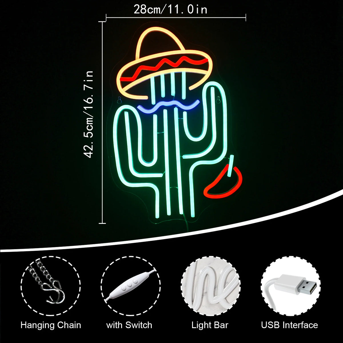 Kaktus – LED-neonskylt (5 V USB)