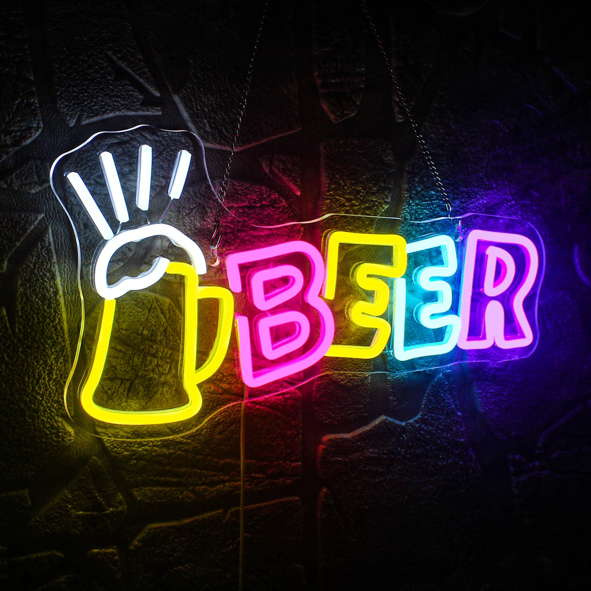 BEER – Ölsejdel och strålar – LED-ljusskylt (5 V USB)