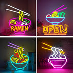 Bilden visar en levande, handgjord LED-neonskylt som visar en stiliserad skål med ramen.