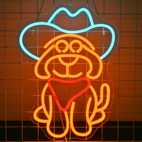 En levande LED-neonskylt som visar en stiliserad cowboyhund.