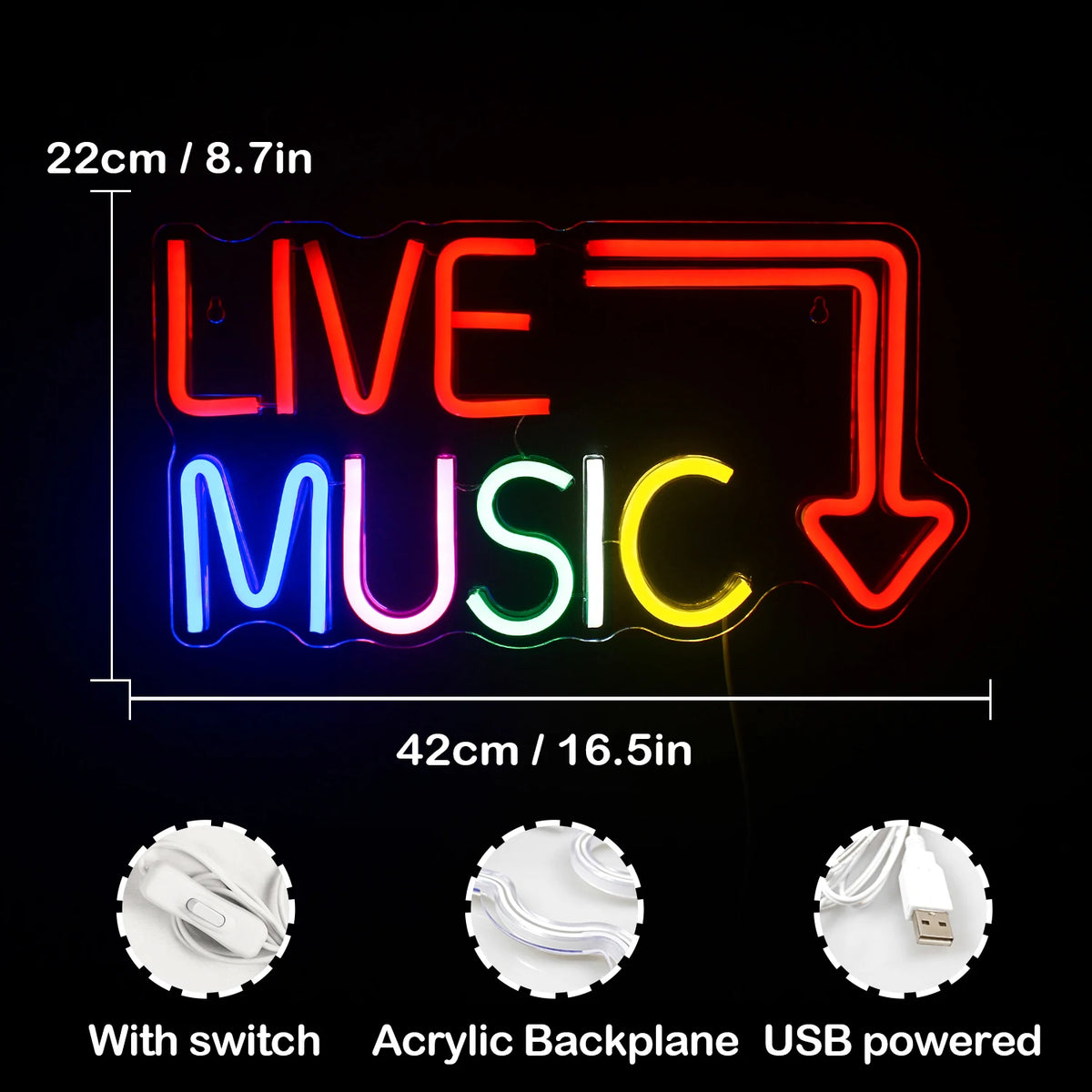 LIVE MUSIC – Pil – LED-neonskylt (5 V USB)